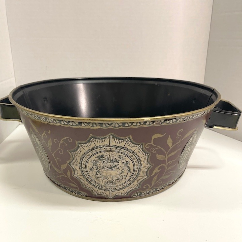 Vintage Mid Century French Cherub Toleware Tin Planter Bowl Ice Bucket 14"